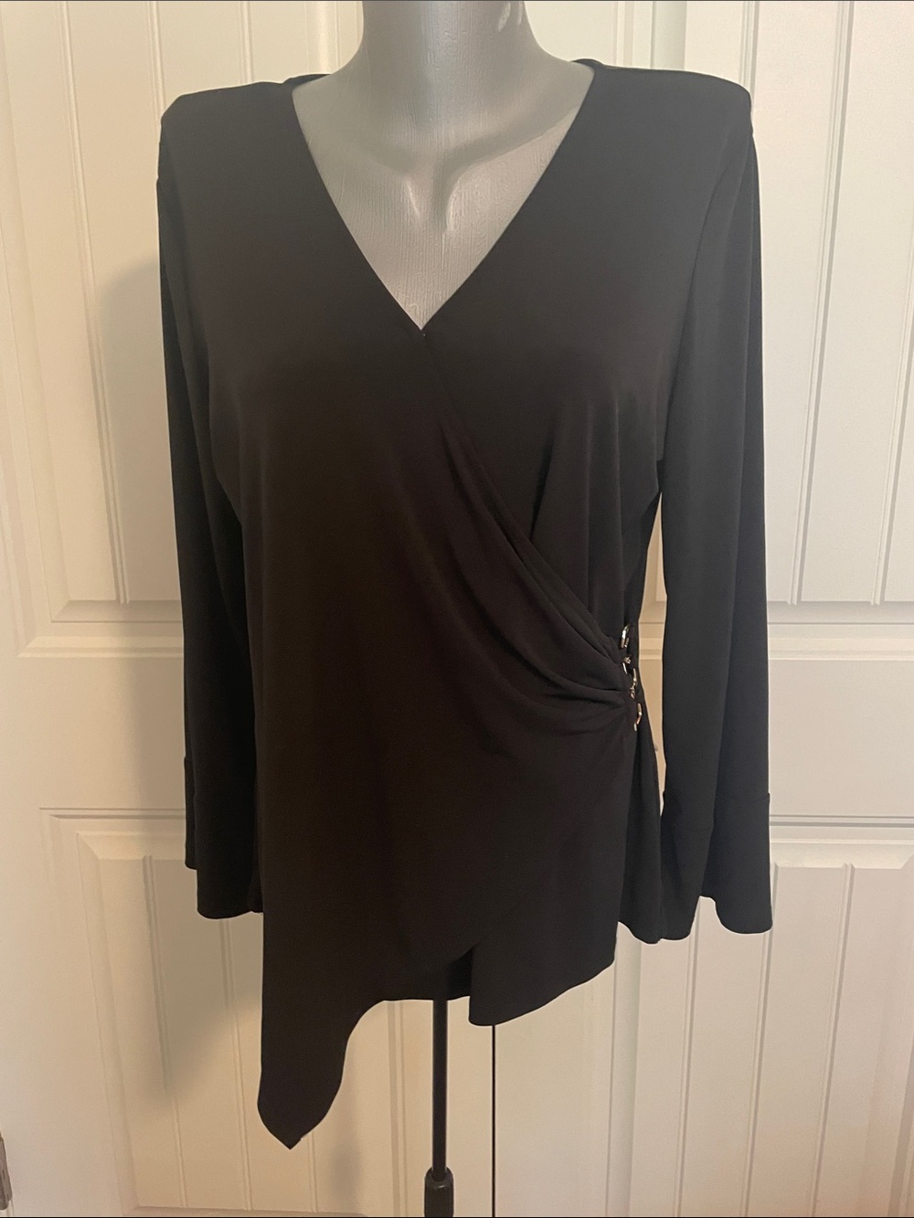 Rafaella Black Asymmetric Wrap-Detail Long Sleeve Top